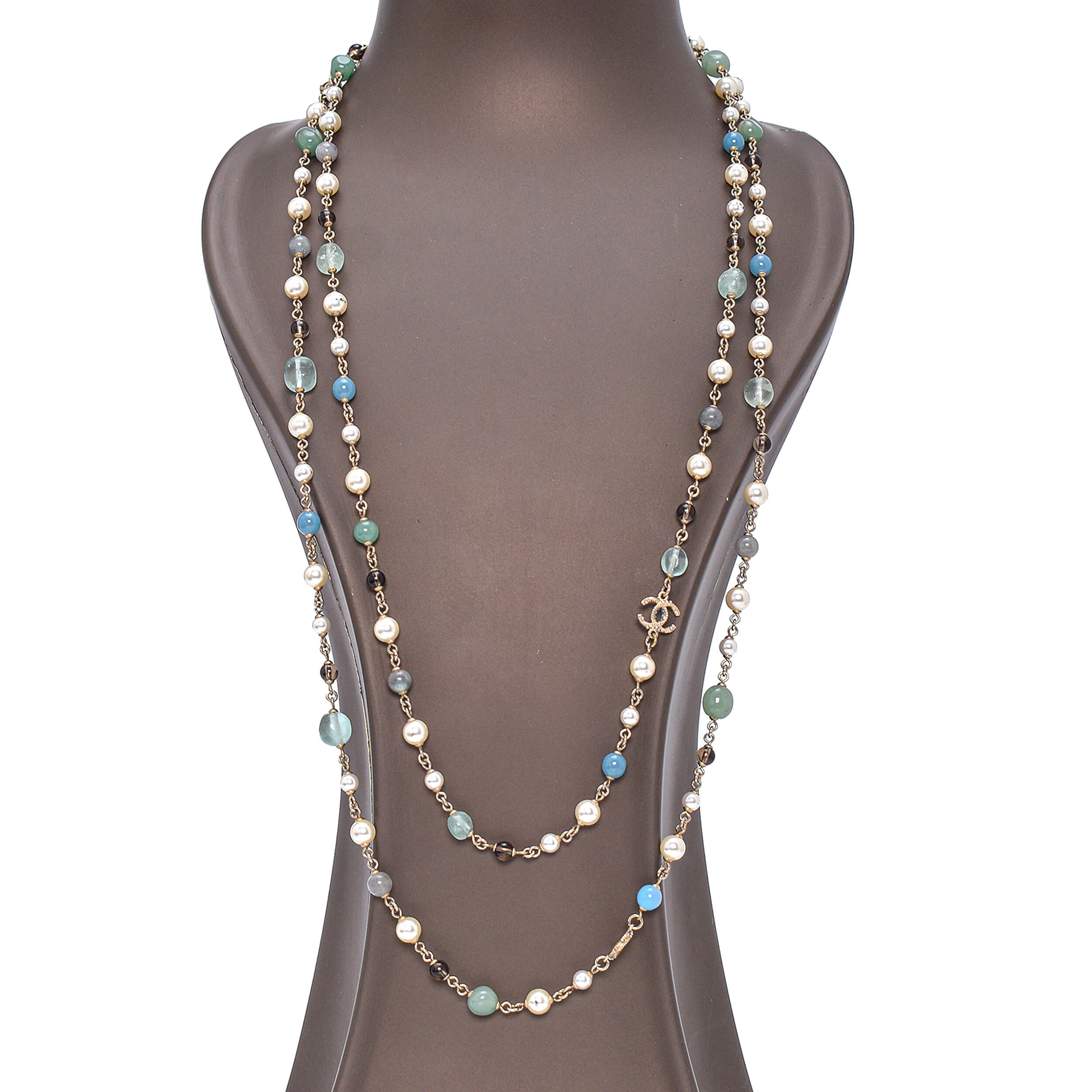 Chanel - White&Green&Blue Pearl CC Long Necklace